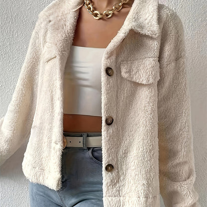 Manteau Court en Velours Blanc avec Col en Laine