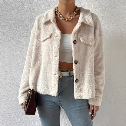 Manteau Court en Velours Blanc avec Col en Laine